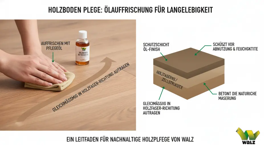 Zwei Flaschen Holzbodenseife und Öl-Refresher nebeneinander auf einem geölten Dielenboden