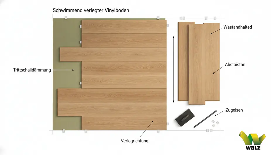 Schwimmend verlegter Laminatboden im Querschnitt mit Dämmunterlage und Dehnfuge an der Wand