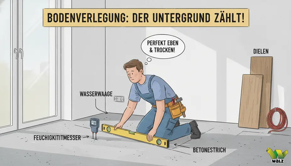 Prüfung der Ebenheit eines Estrichs mit langem Richtscheit und Wasserwaage