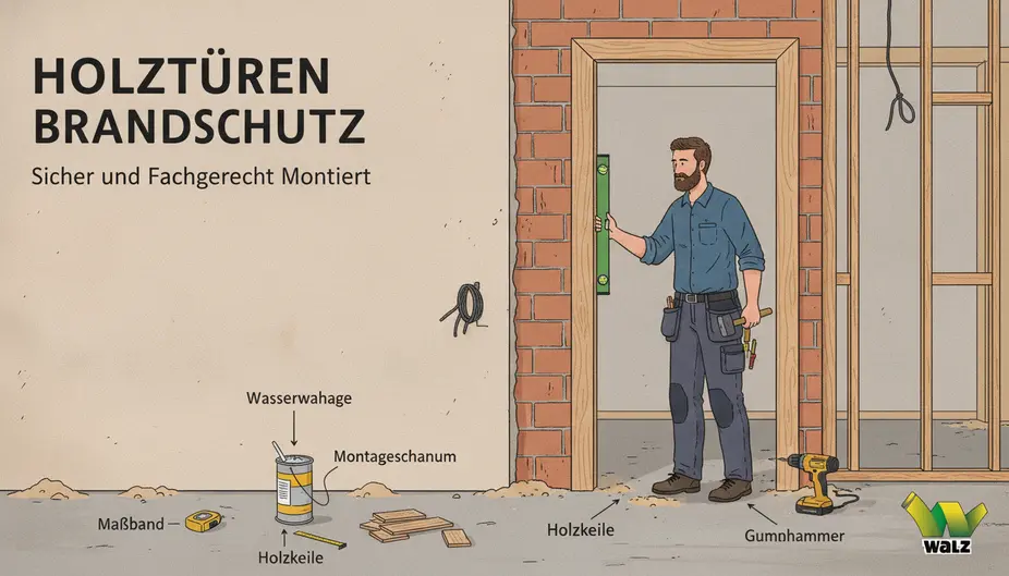 Brandschutztür mit Stahlzarge und Typenschild im Treppenhaus eines Mehrfamilienhauses in der Rhein-Neckar-Region