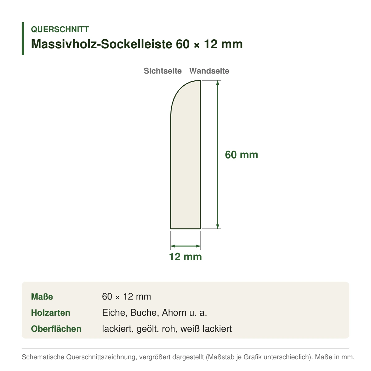 Massivholz-Sockelleiste 60 × 12 mm in mehreren Holzarten – Querschnitt mit Maßen (Zeichnung)