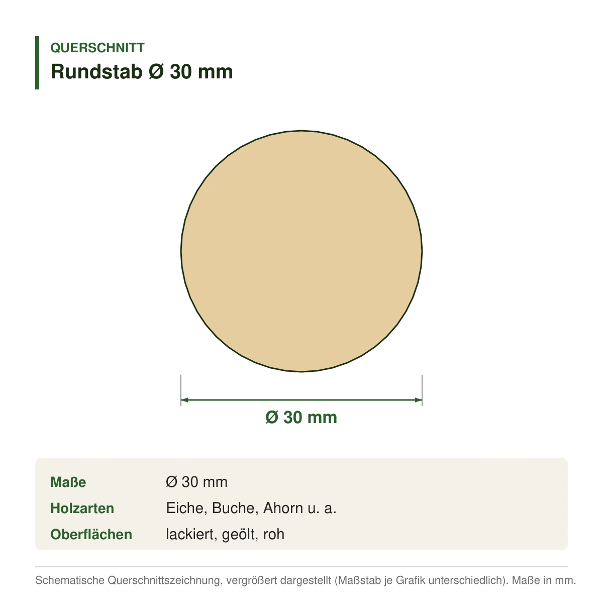Rundstab Ø 30 mm in mehreren Holzarten – Querschnitt mit Maßen (Zeichnung)