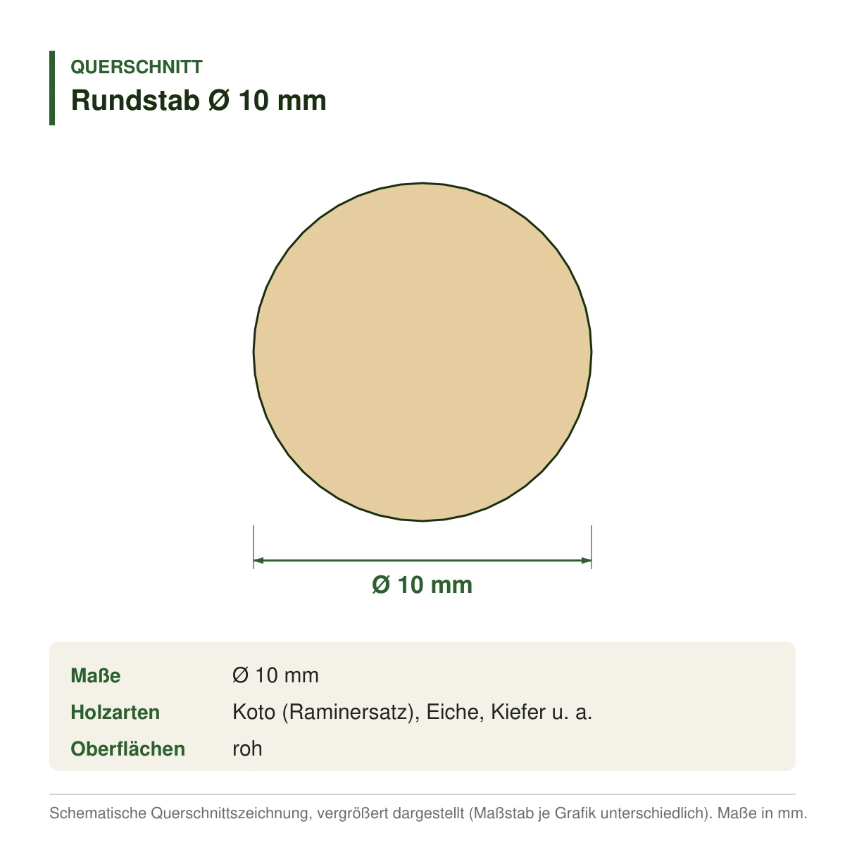Rundstab Ø 10 mm in mehreren Holzarten – Querschnitt mit Maßen (Zeichnung)