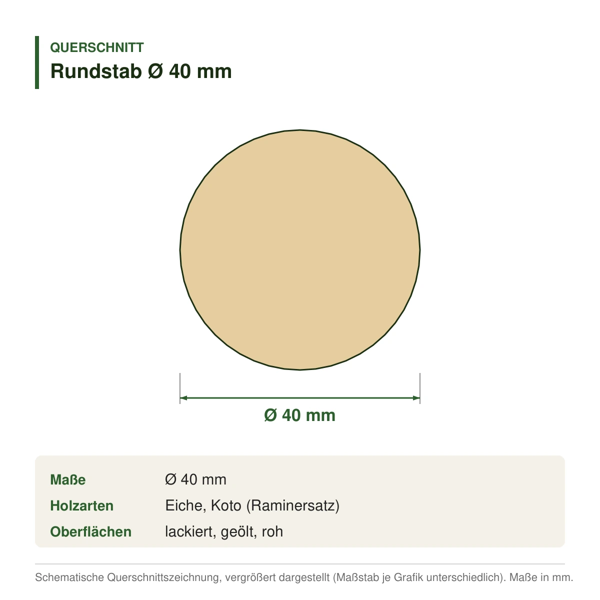 Rundstab Ø 40 mm aus Eiche oder Koto (Raminersatz) – Querschnitt mit Maßen (Zeichnung)