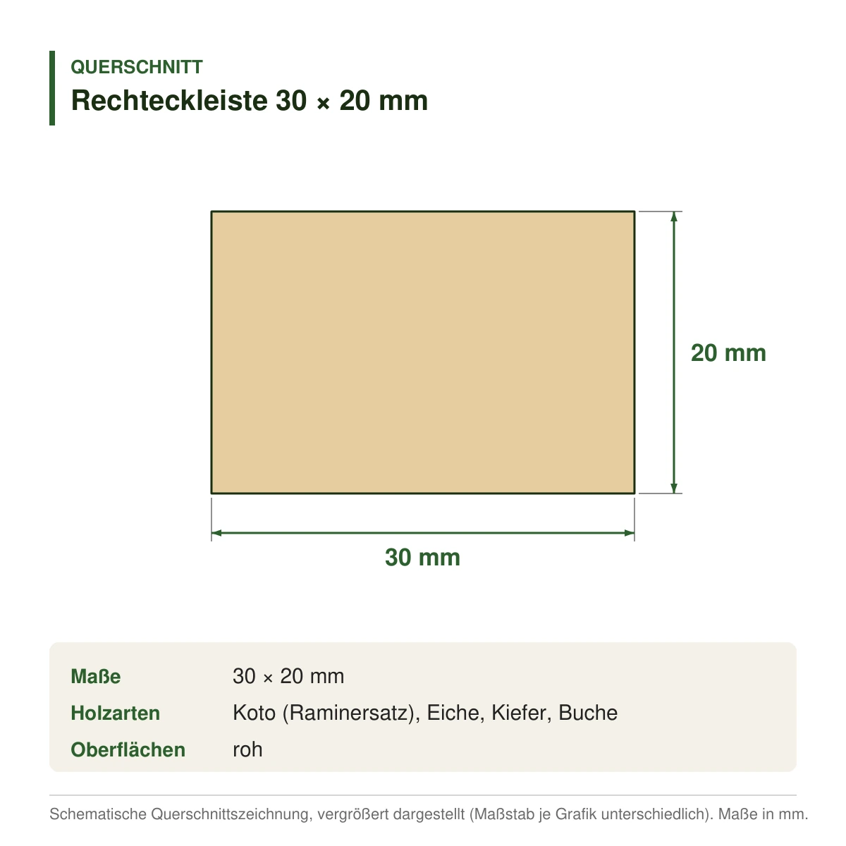 Rechteckleiste 30 × 20 mm in mehreren Holzarten – Querschnitt mit Maßen (Zeichnung)