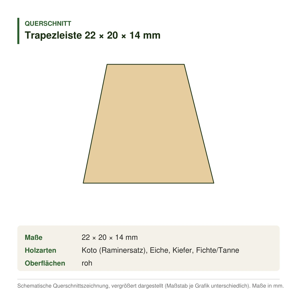 Trapezleiste 22 × 20 × 14 mm in mehreren Holzarten – Querschnitt (Zeichnung)