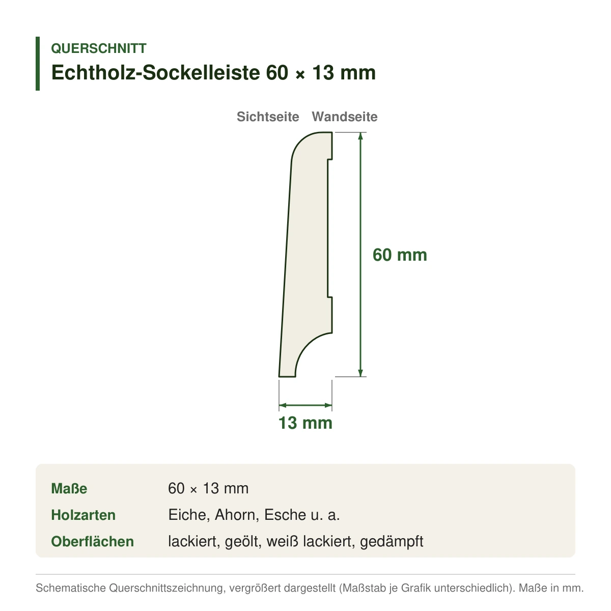 Echtholz-Sockelleiste 60 × 13 mm in mehreren Holzarten – Querschnitt mit Maßen (Zeichnung)