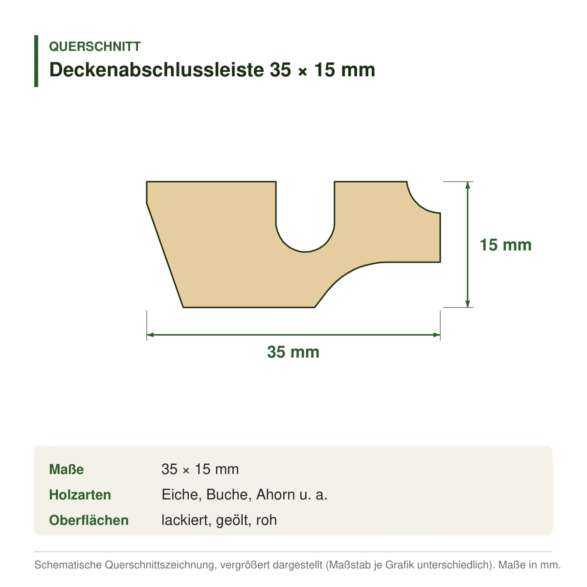Deckenabschlussleiste 35 × 15 mm in mehreren Holzarten – Querschnitt mit Maßen (Zeichnung)
