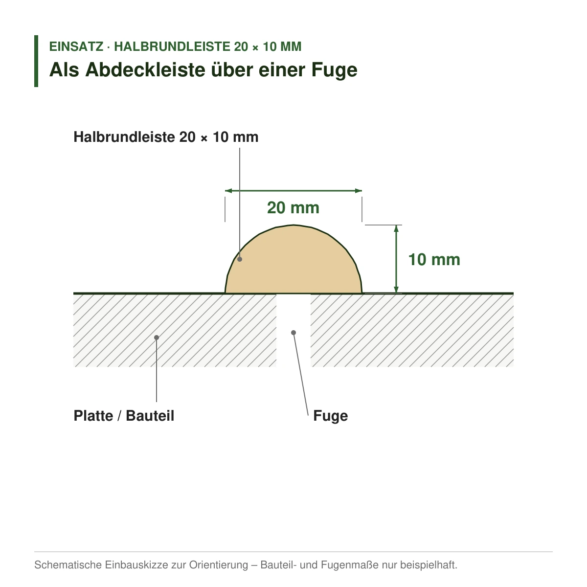 Halbrundleiste 20 × 10 mm in mehreren Holzarten als Abdeckleiste über einer Fuge – Einbauskizze