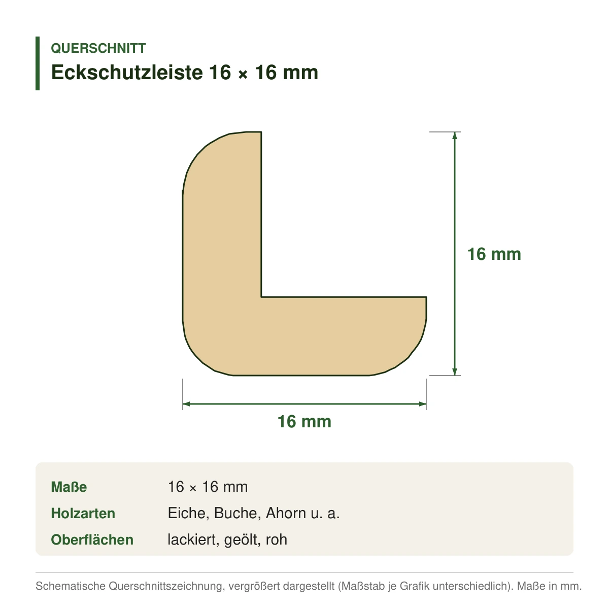 Eckschutzleiste 16 × 16 mm in mehreren Holzarten – Querschnitt mit Maßen (Zeichnung)