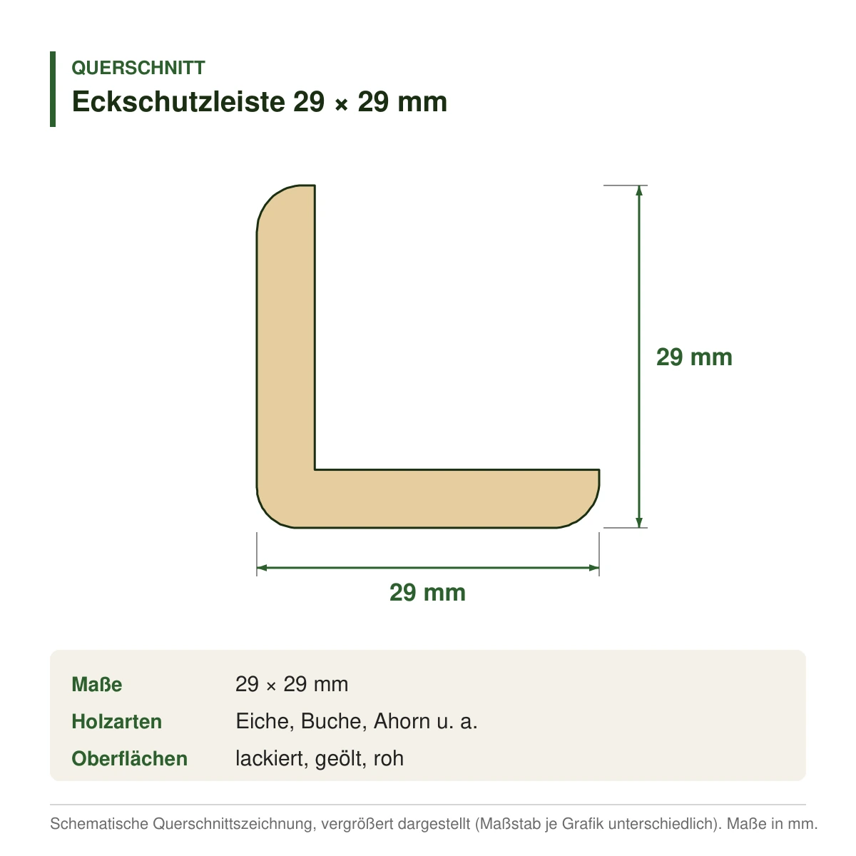 Eckschutzleiste 29 × 29 mm in mehreren Holzarten – Querschnitt mit Maßen (Zeichnung)