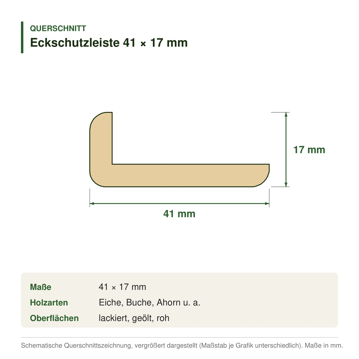 Eckschutzleiste 41 × 17 mm in mehreren Holzarten – Querschnitt mit Maßen (Zeichnung)