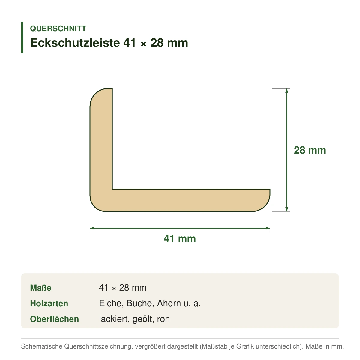Eckschutzleiste 41 × 28 mm in mehreren Holzarten – Querschnitt mit Maßen (Zeichnung)
