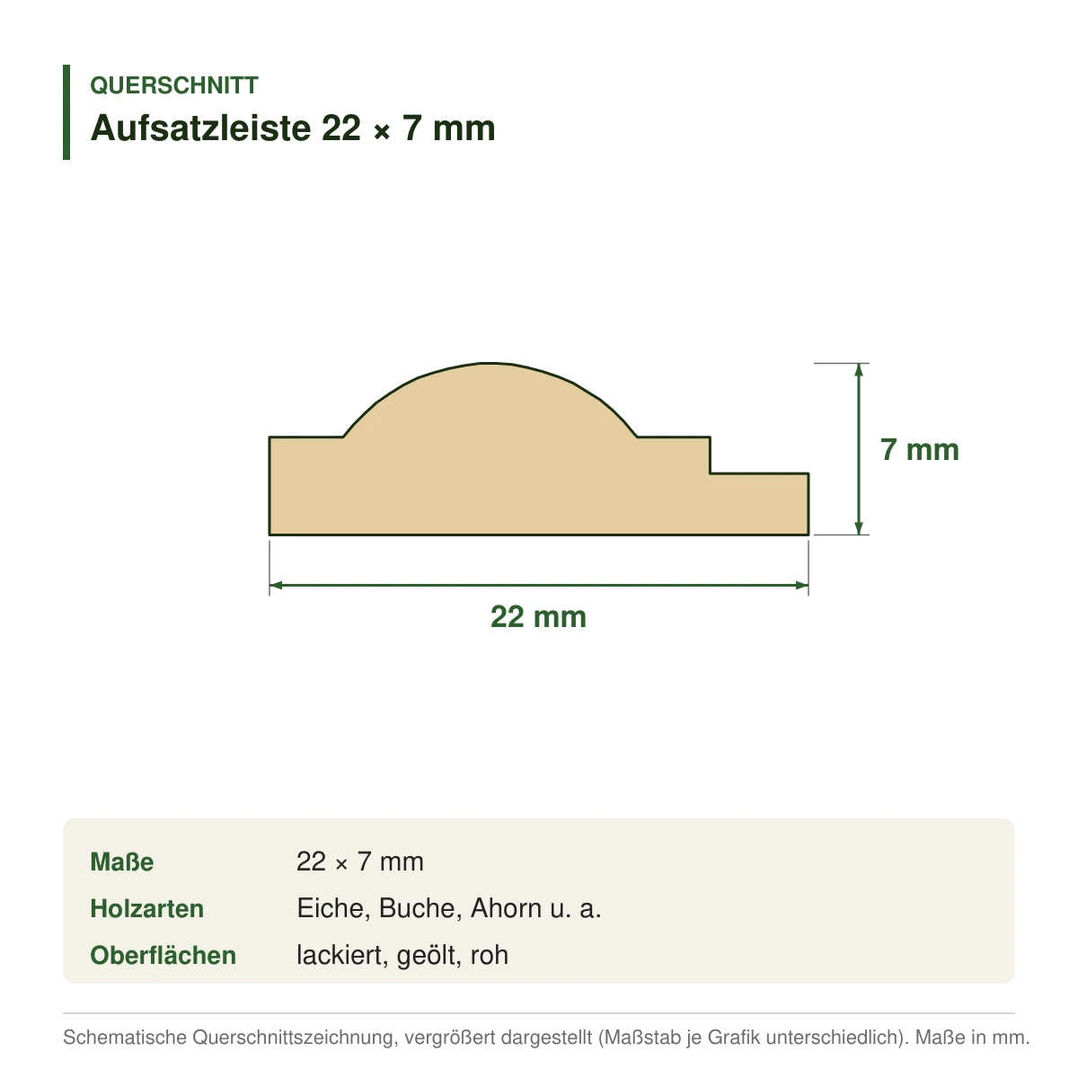 Aufsatzleiste 22 × 7 mm in mehreren Holzarten – Querschnitt mit Maßen (Zeichnung)