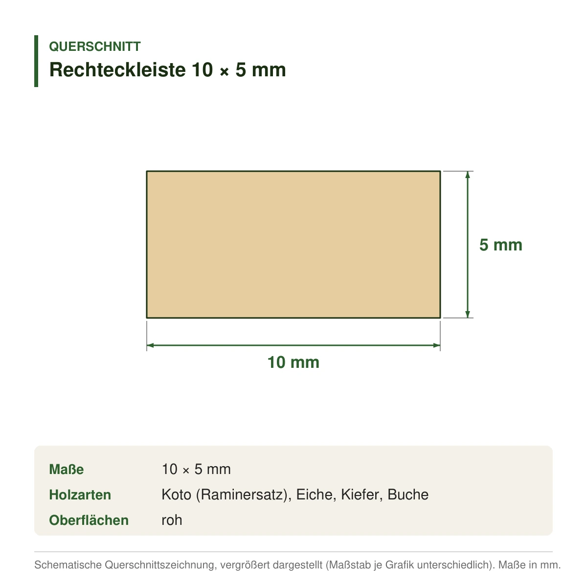 Rechteckleiste 10 × 5 mm in mehreren Holzarten – Querschnitt mit Maßen (Zeichnung)