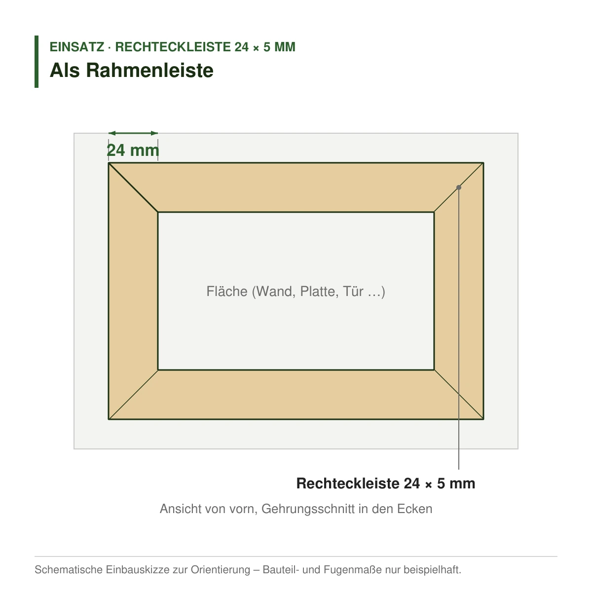 Rechteckleiste 24 × 5 mm in mehreren Holzarten als Rahmenleiste in der Ansicht von vorn – Einbauskizze