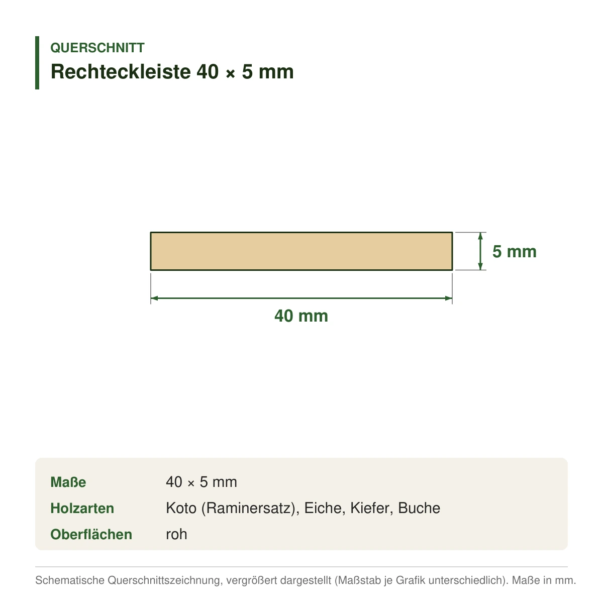 Rechteckleiste 40 × 5 mm in mehreren Holzarten – Querschnitt mit Maßen (Zeichnung)
