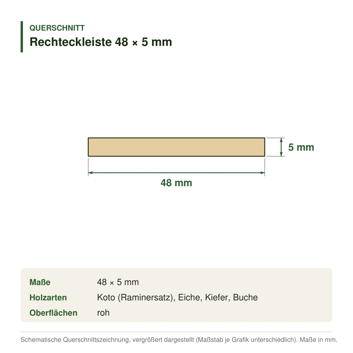 Rechteckleiste 48 × 5 mm in mehreren Holzarten – Querschnitt mit Maßen (Zeichnung)