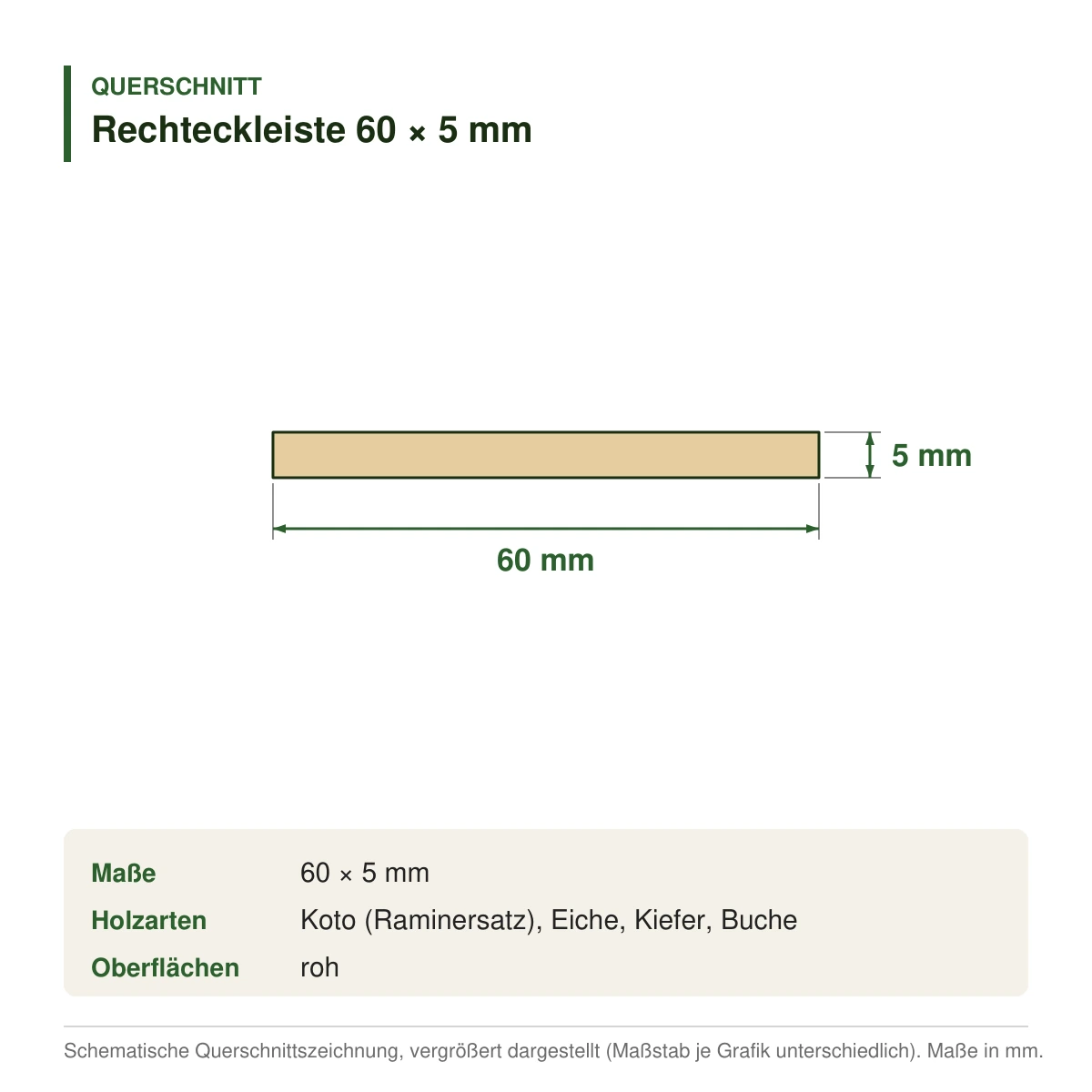 Rechteckleiste 60 × 5 mm in mehreren Holzarten – Querschnitt mit Maßen (Zeichnung)