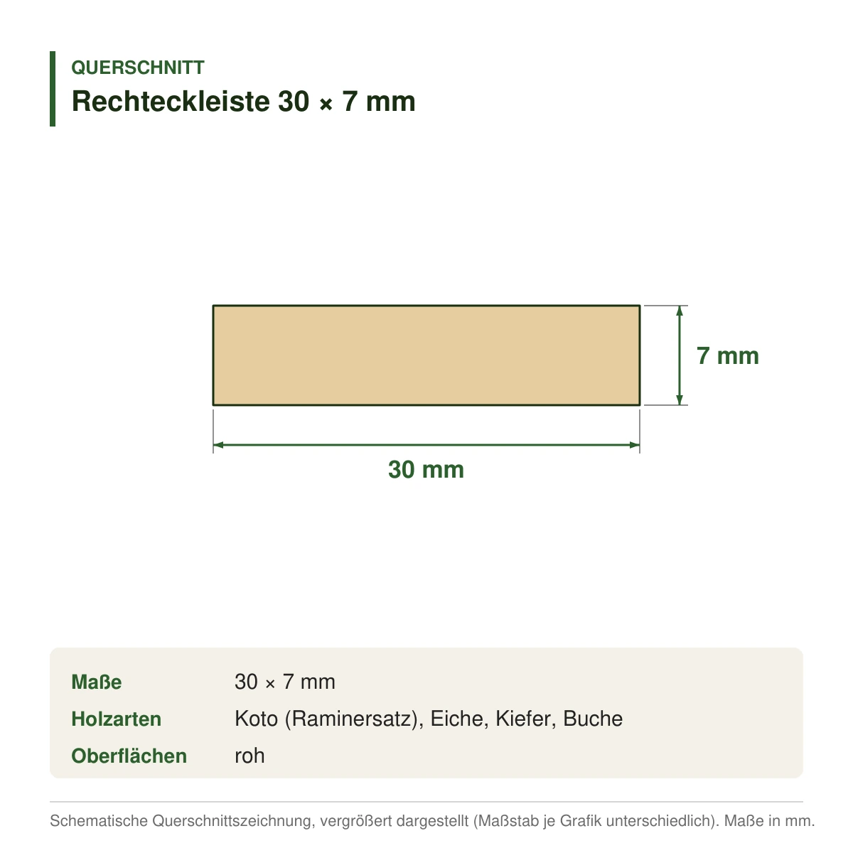 Rechteckleiste 30 × 7 mm in mehreren Holzarten – Querschnitt mit Maßen (Zeichnung)