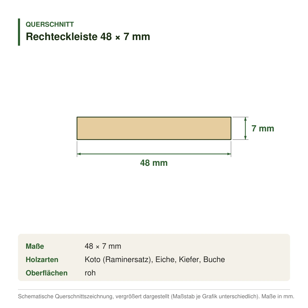 Rechteckleiste 48 × 7 mm in mehreren Holzarten – Querschnitt mit Maßen (Zeichnung)
