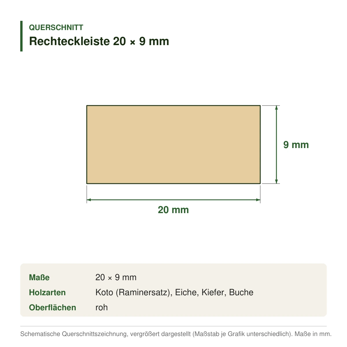 Rechteckleiste 20 × 9 mm in mehreren Holzarten – Querschnitt mit Maßen (Zeichnung)