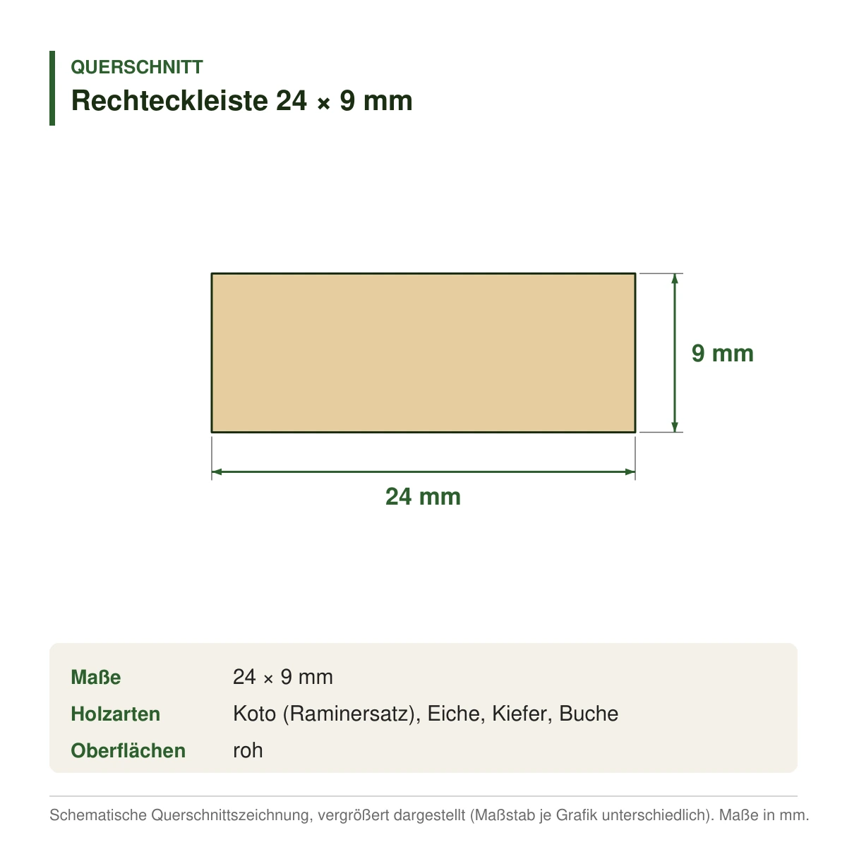 Rechteckleiste 24 × 9 mm in mehreren Holzarten – Querschnitt mit Maßen (Zeichnung)