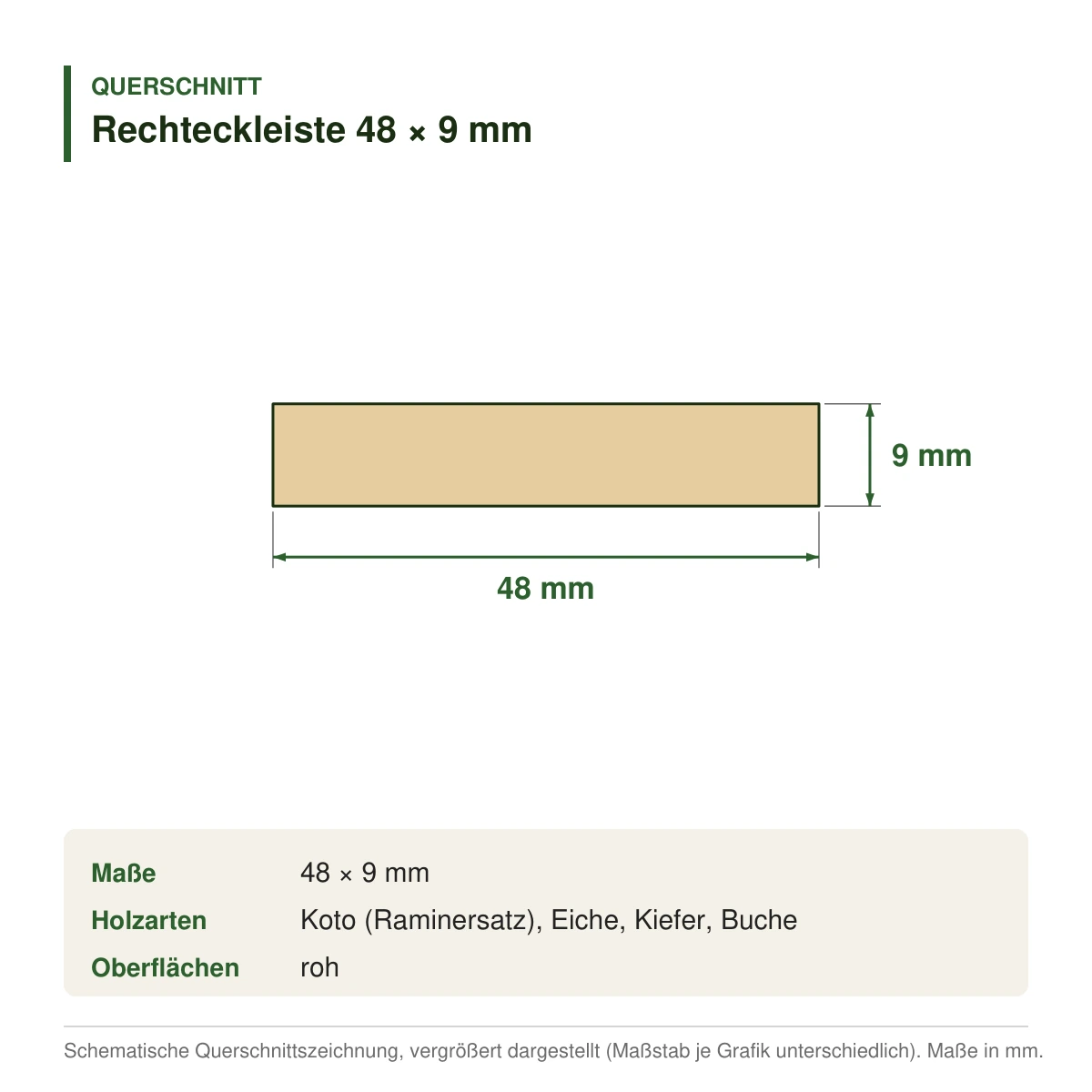 Rechteckleiste 48 × 9 mm in mehreren Holzarten – Querschnitt mit Maßen (Zeichnung)
