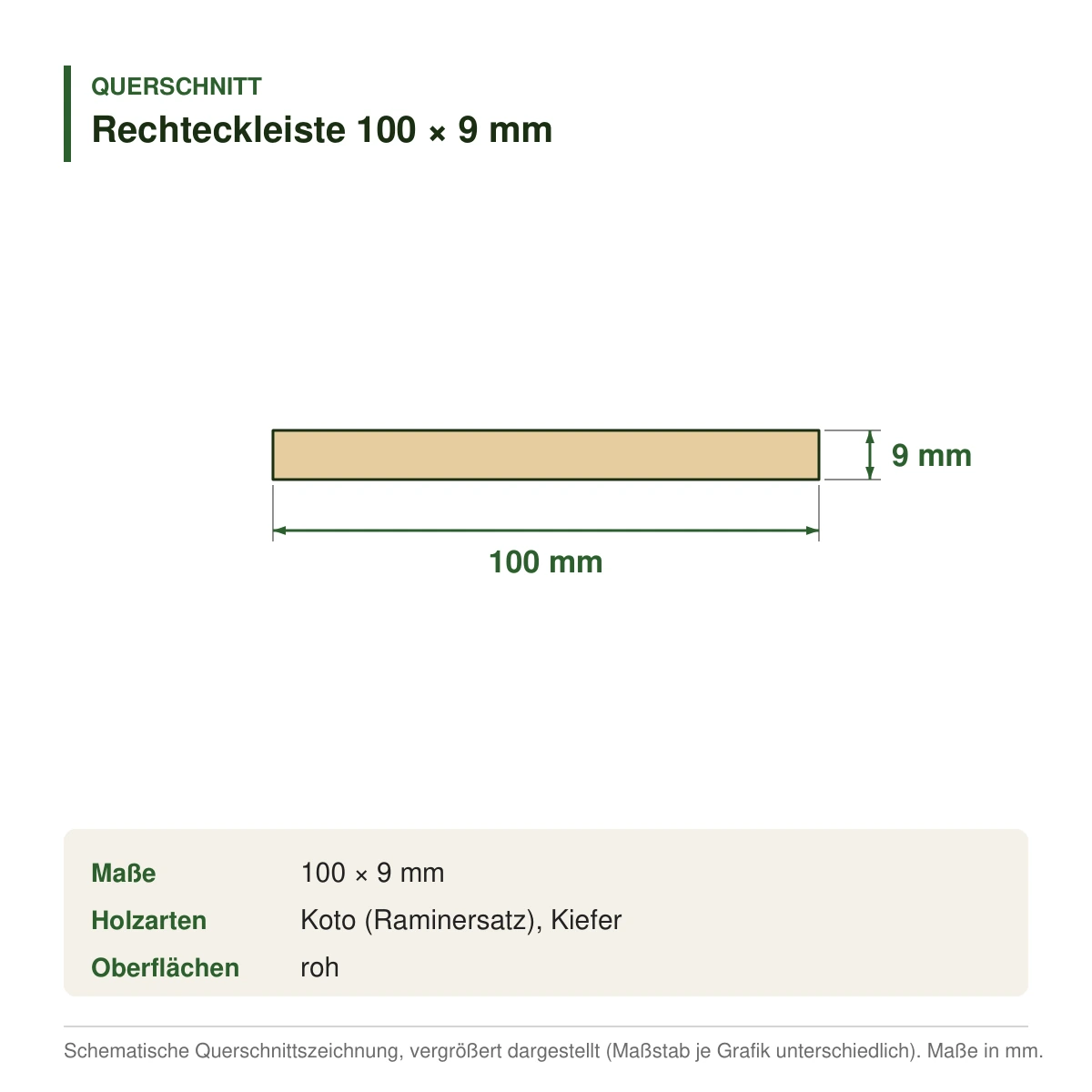 Rechteckleiste 100 × 9 mm aus Koto (Raminersatz) oder Kiefer – Querschnitt mit Maßen (Zeichnung)