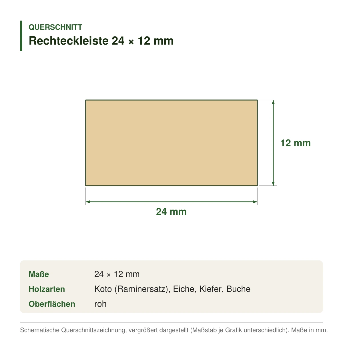 Rechteckleiste 24 × 12 mm in mehreren Holzarten – Querschnitt mit Maßen (Zeichnung)