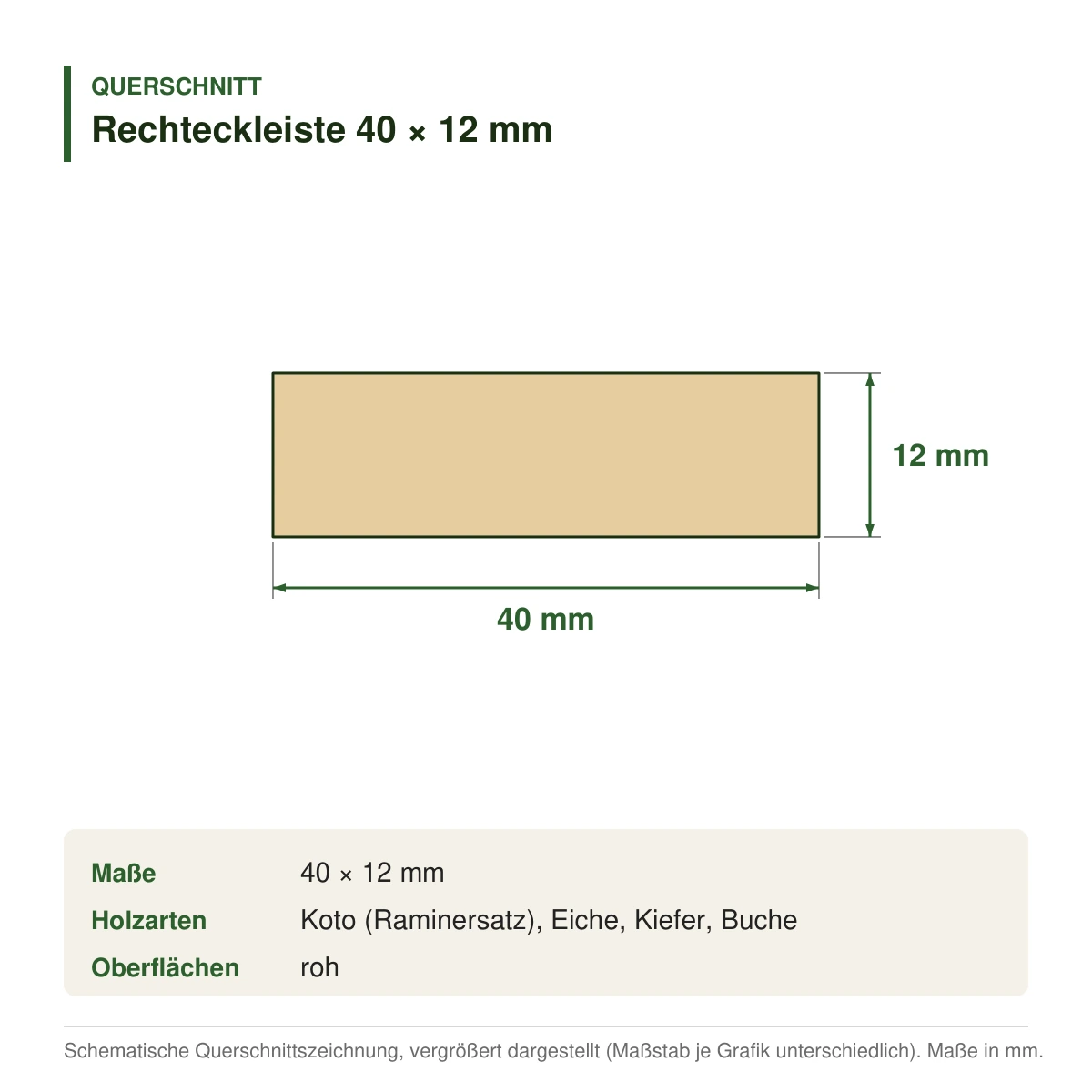 Rechteckleiste 40 × 12 mm in mehreren Holzarten – Querschnitt mit Maßen (Zeichnung)