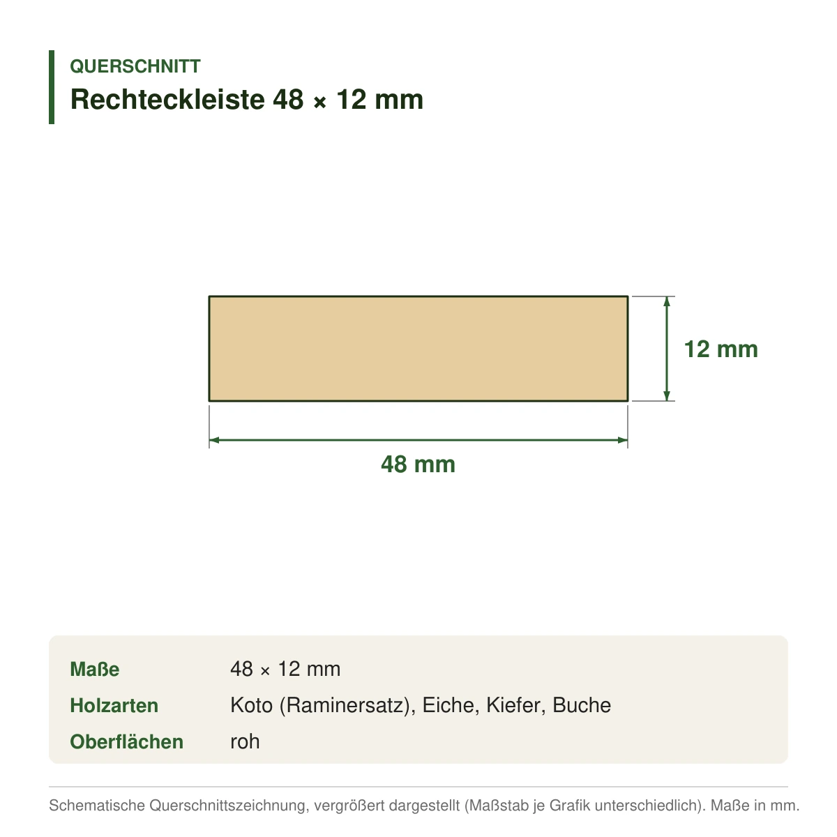 Rechteckleiste 48 × 12 mm in mehreren Holzarten – Querschnitt mit Maßen (Zeichnung)