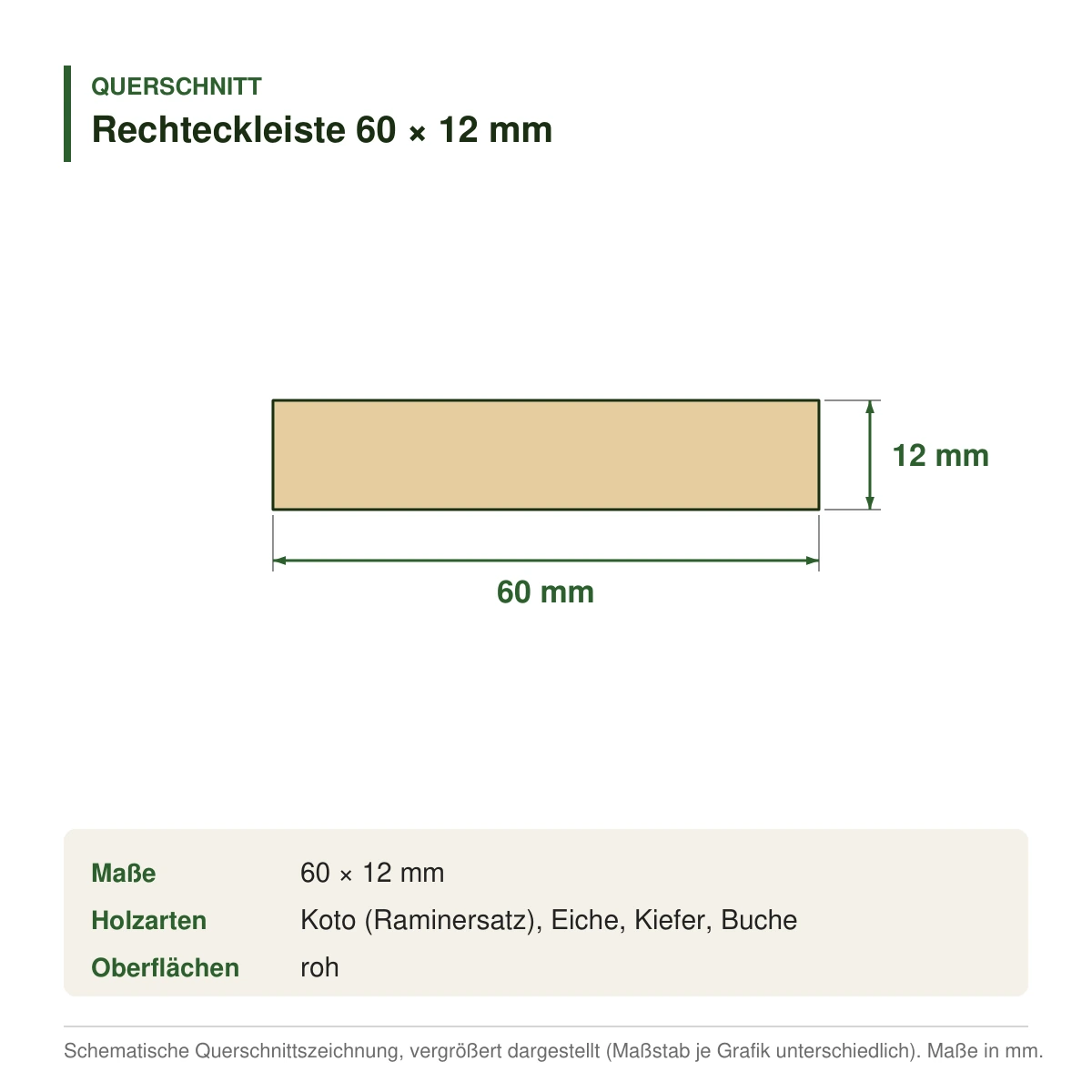 Rechteckleiste 60 × 12 mm in mehreren Holzarten – Querschnitt mit Maßen (Zeichnung)