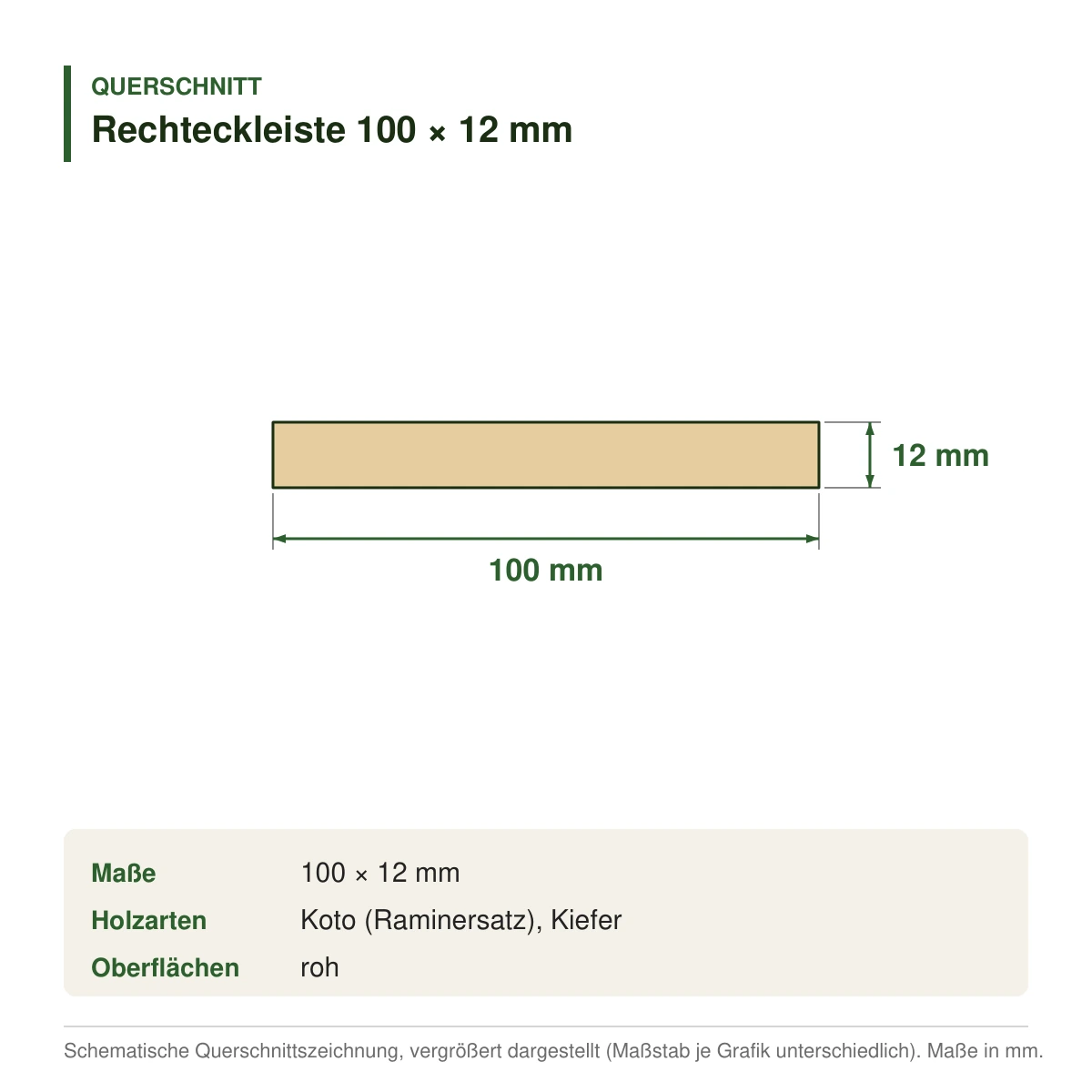 Rechteckleiste 100 × 12 mm aus Koto (Raminersatz) oder Kiefer – Querschnitt mit Maßen (Zeichnung)