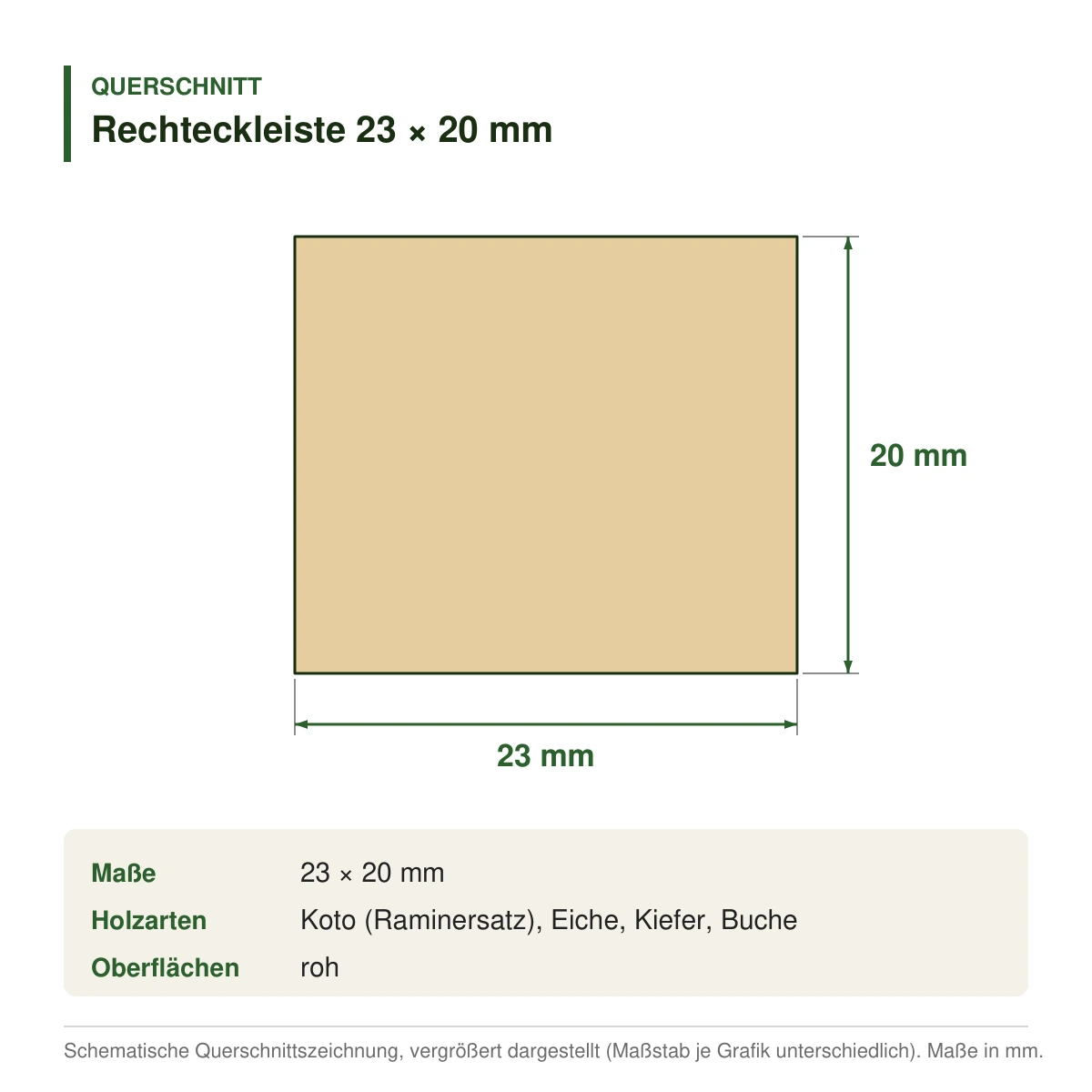 Rechteckleiste 23 × 20 mm in mehreren Holzarten – Querschnitt mit Maßen (Zeichnung)