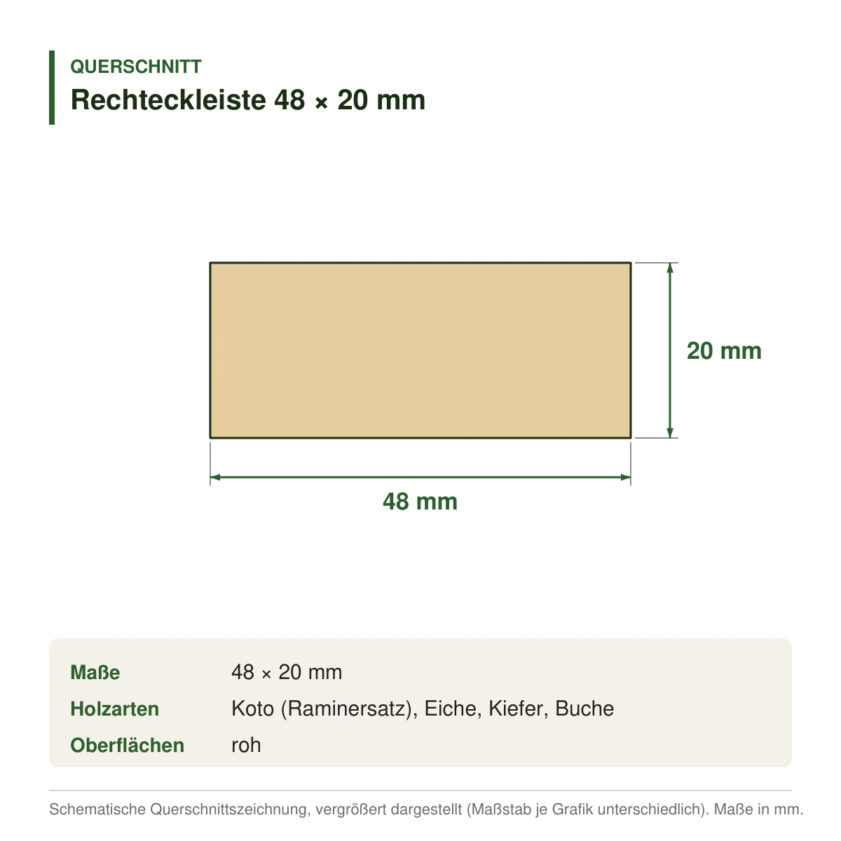 Rechteckleiste 48 × 20 mm in mehreren Holzarten – Querschnitt mit Maßen (Zeichnung)
