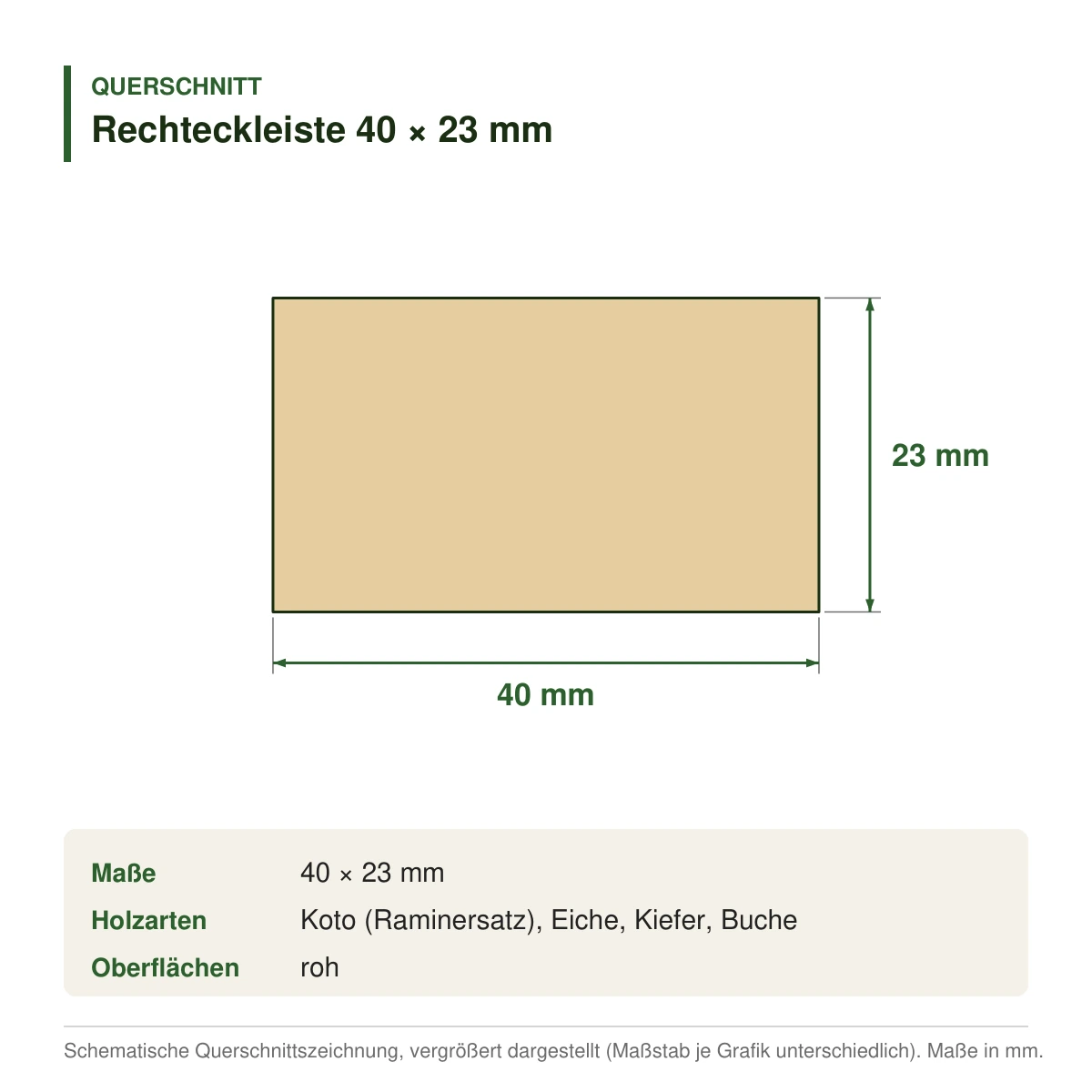 Rechteckleiste 40 × 23 mm in mehreren Holzarten – Querschnitt mit Maßen (Zeichnung)