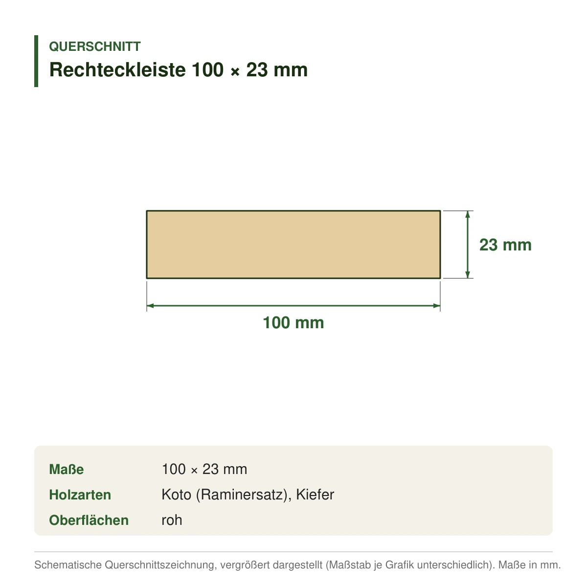 Rechteckleiste 100 × 23 mm aus Koto (Raminersatz) oder Kiefer – Querschnitt mit Maßen (Zeichnung)