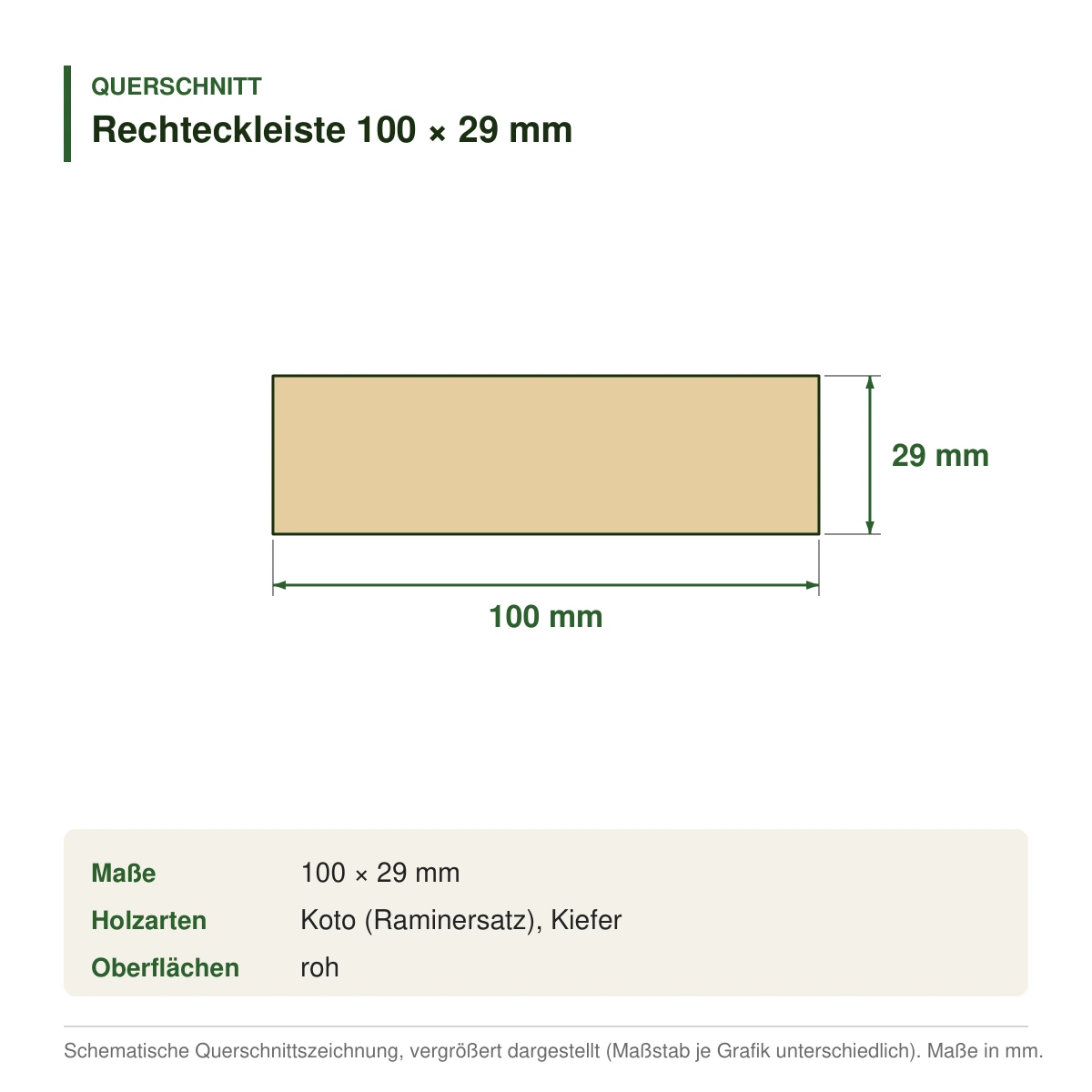 Rechteckleiste 100 × 29 mm aus Koto (Raminersatz) oder Kiefer – Querschnitt mit Maßen (Zeichnung)