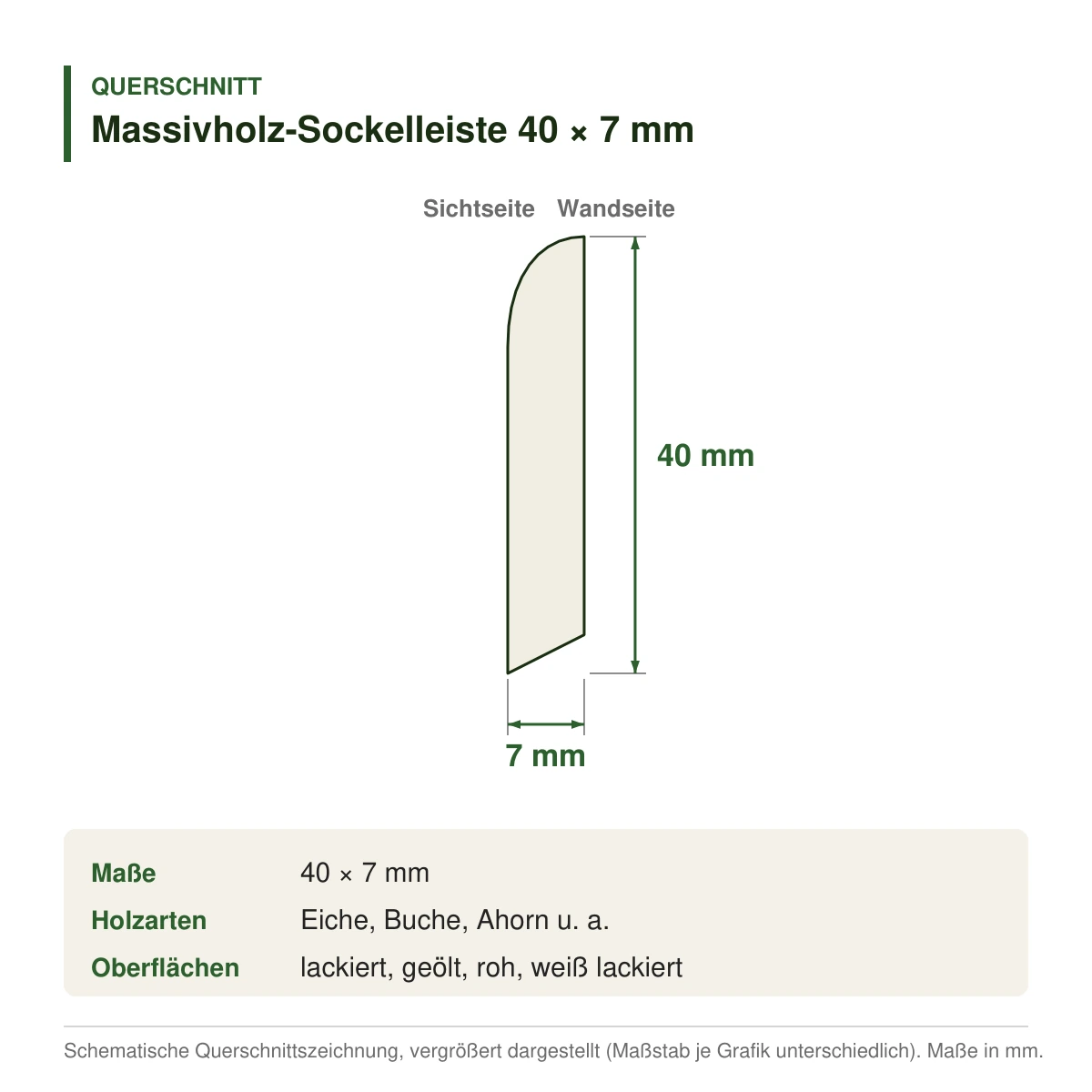 Massivholz-Sockelleiste 40 × 7 mm in mehreren Holzarten – Querschnitt mit Maßen (Zeichnung)