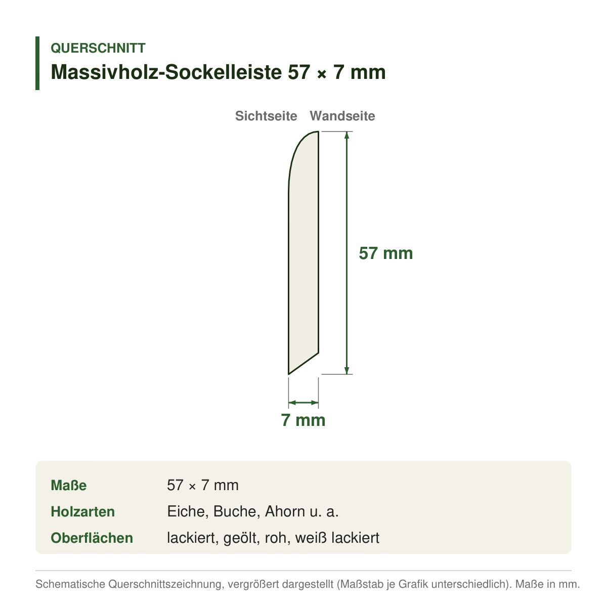 Massivholz-Sockelleiste 57 × 7 mm in mehreren Holzarten – Querschnitt mit Maßen (Zeichnung)