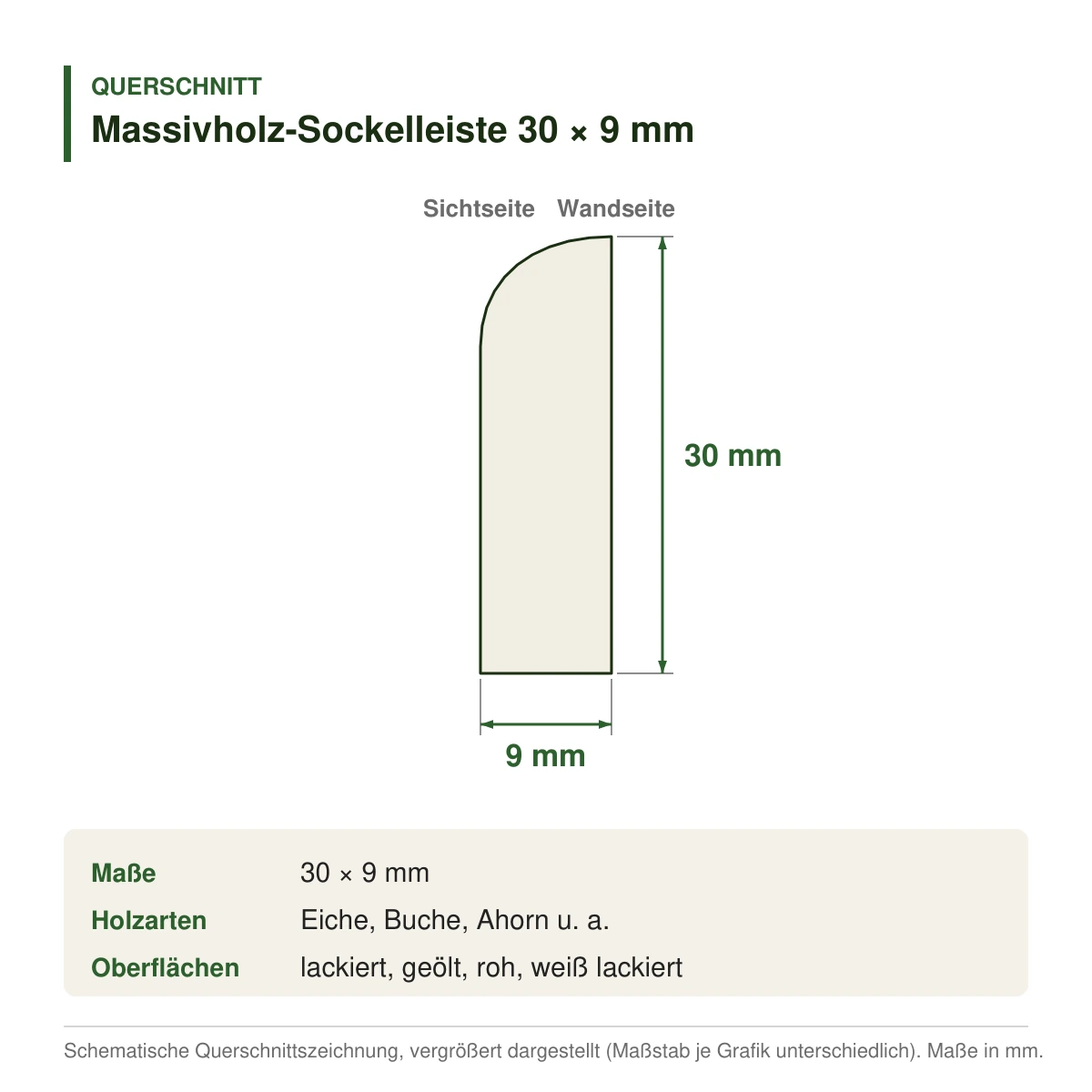 Massivholz-Sockelleiste 30 × 9 mm in mehreren Holzarten – Querschnitt mit Maßen (Zeichnung)