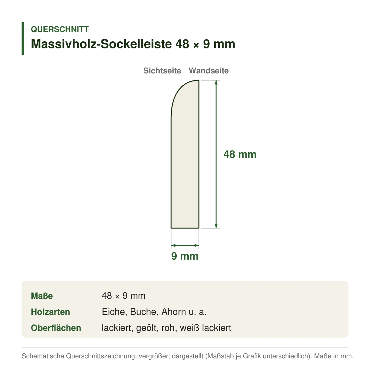 Massivholz-Sockelleiste 48 × 9 mm in mehreren Holzarten – Querschnitt mit Maßen (Zeichnung)