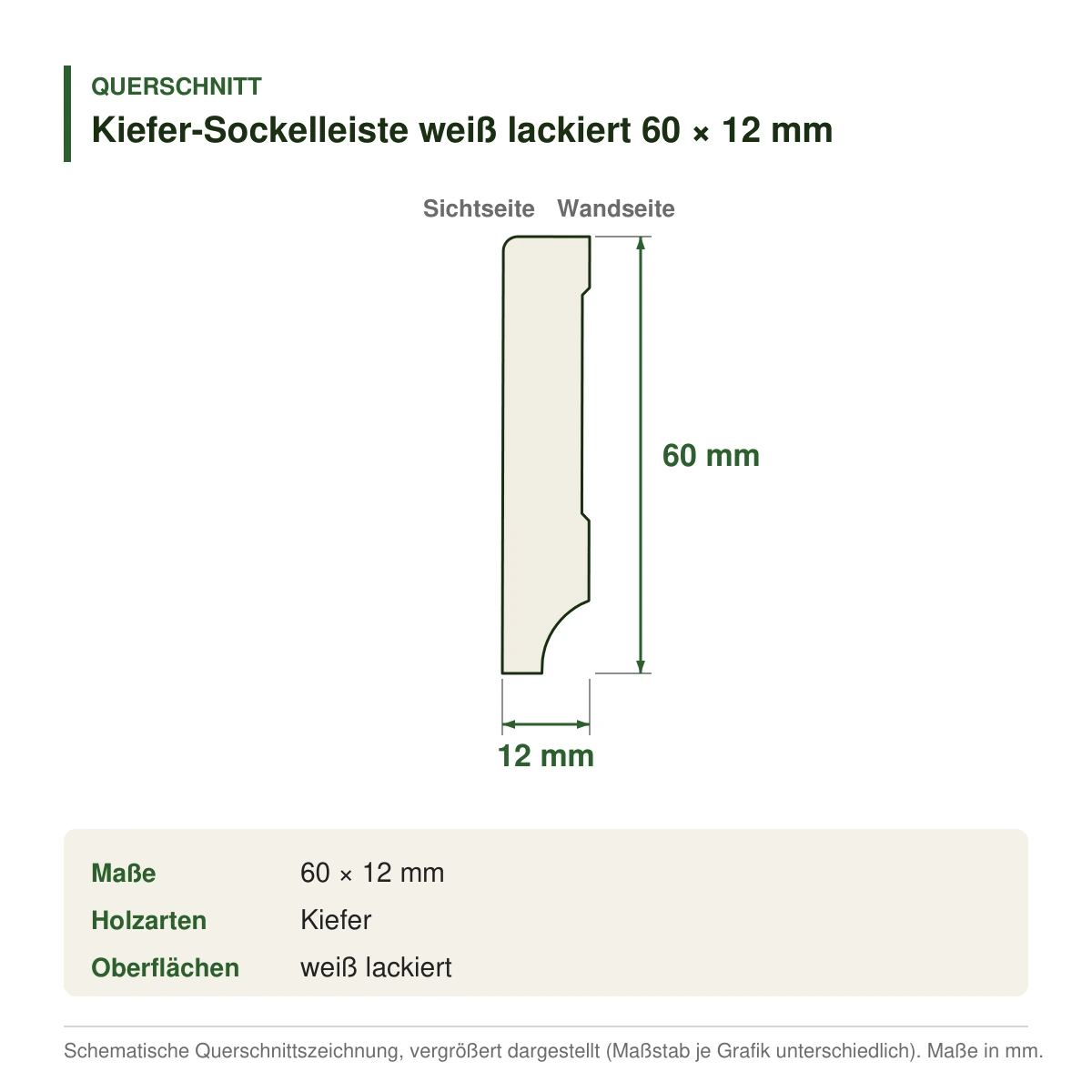 Kiefer-Sockelleiste weiß lackiert 60 × 12 mm – Querschnitt mit Maßen (Zeichnung)