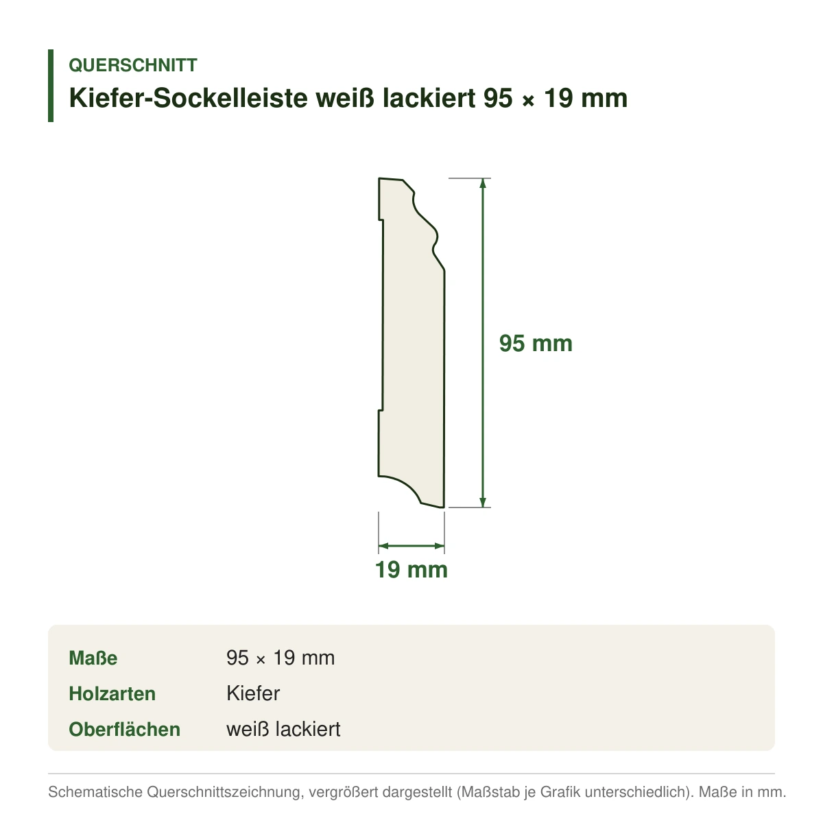 Kiefer-Sockelleiste weiß lackiert 95 × 19 mm – Querschnitt mit Maßen (Zeichnung)