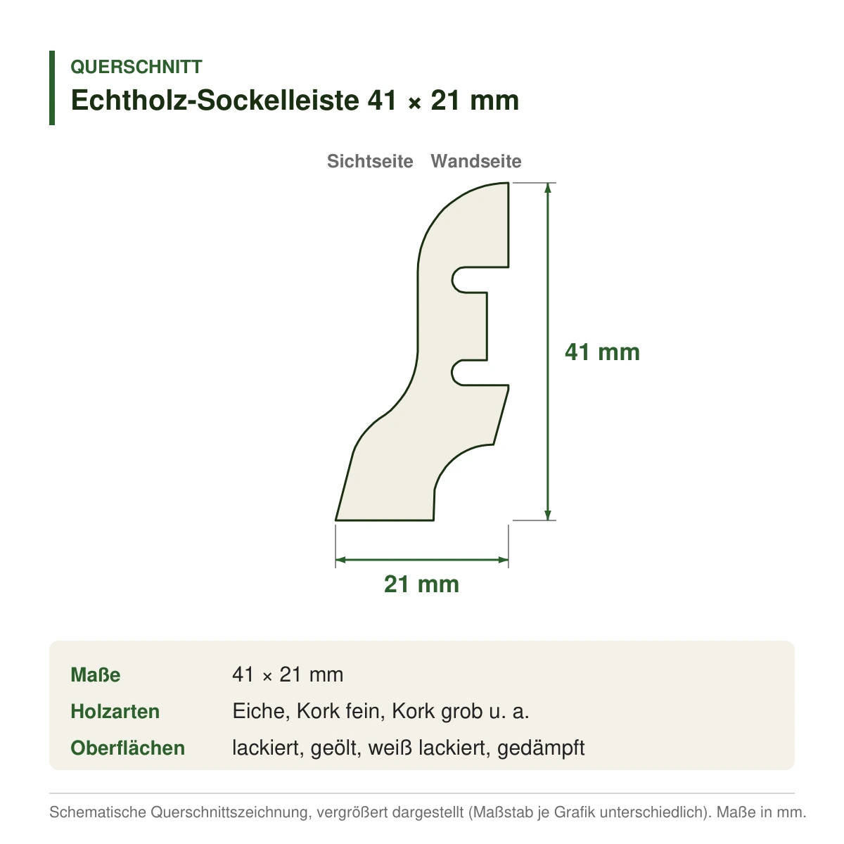 Echtholz-Sockelleiste 41 × 21 mm in mehreren Holzarten – Querschnitt mit Maßen (Zeichnung)