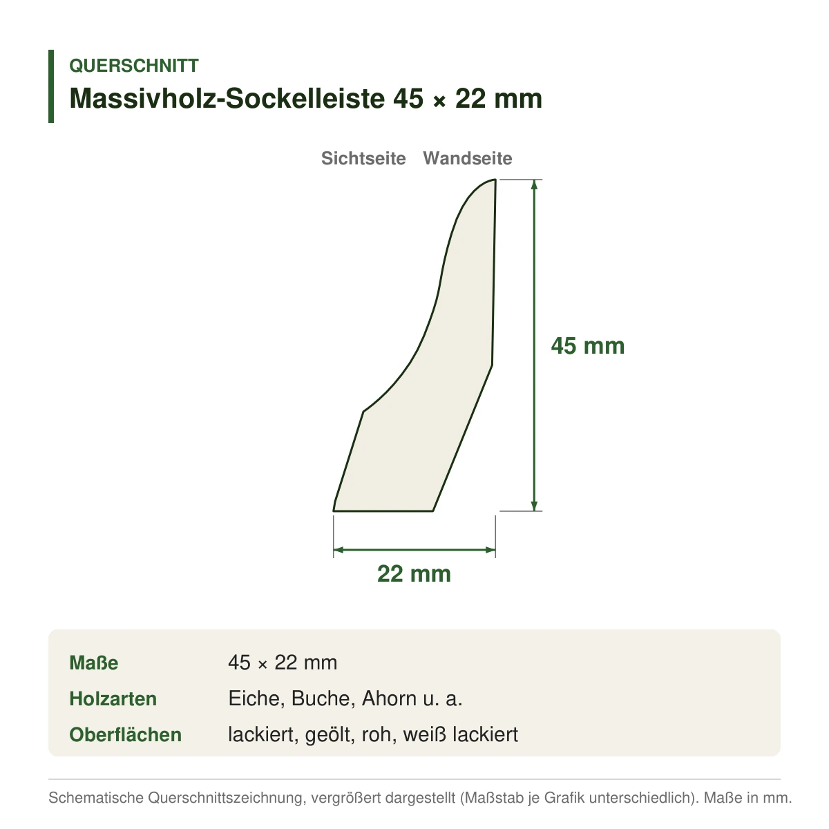 Massivholz-Sockelleiste 45 × 22 mm in mehreren Holzarten – Querschnitt mit Maßen (Zeichnung)