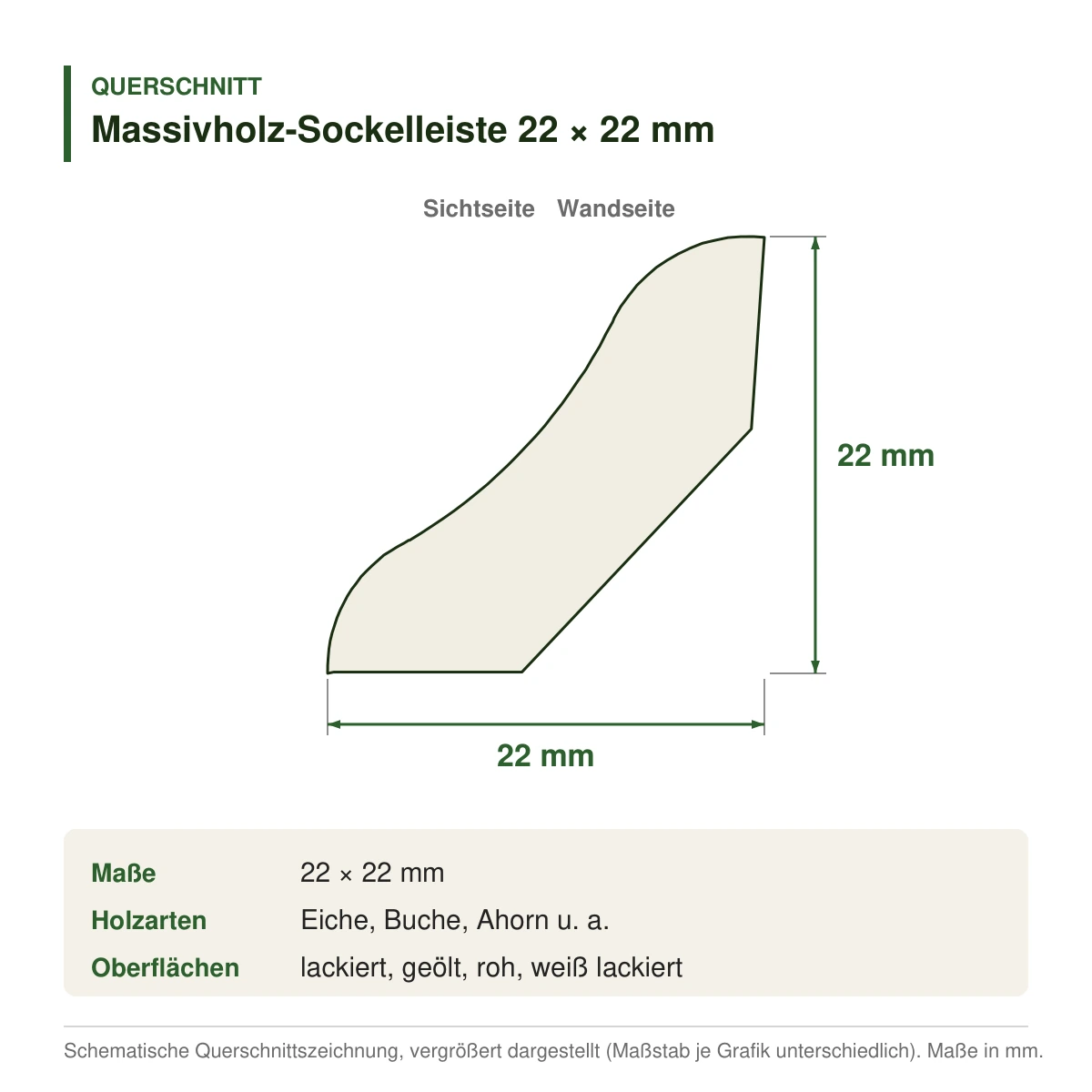 Massivholz-Sockelleiste 22 × 22 mm in mehreren Holzarten – Querschnitt mit Maßen (Zeichnung)
