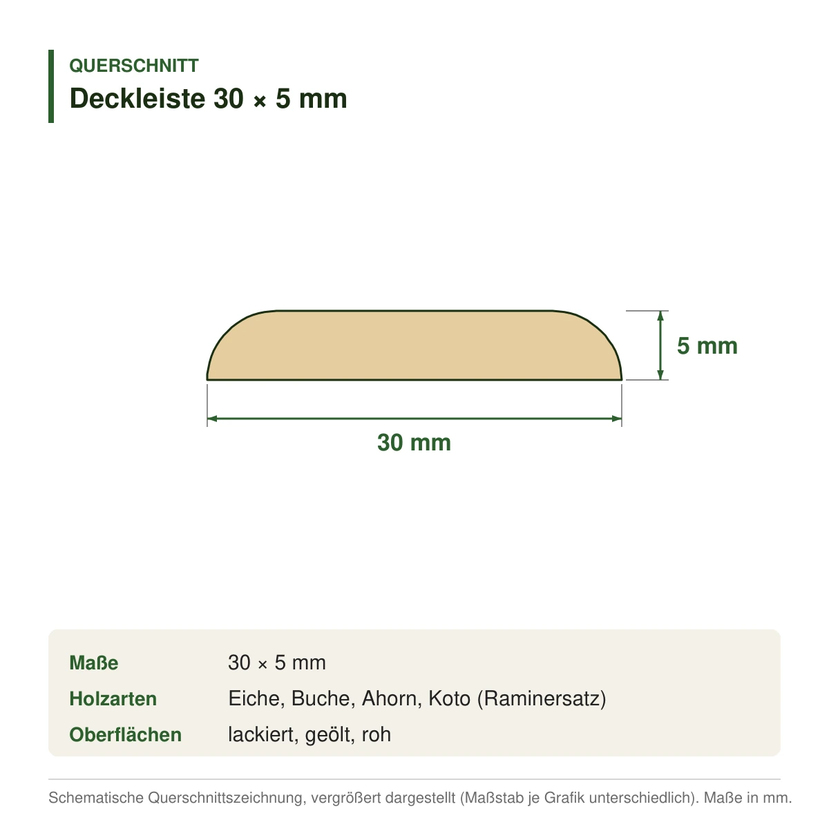 Deckleiste 30 × 5 mm in mehreren Holzarten – Querschnitt mit Maßen (Zeichnung)