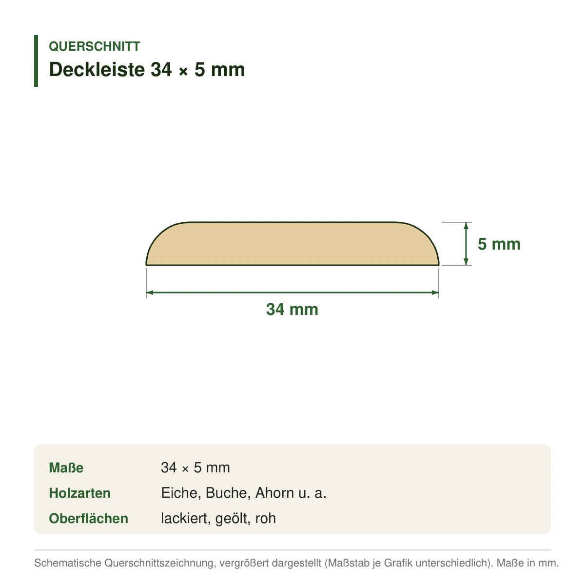 Deckleiste 34 × 5 mm in mehreren Holzarten – Querschnitt mit Maßen (Zeichnung)